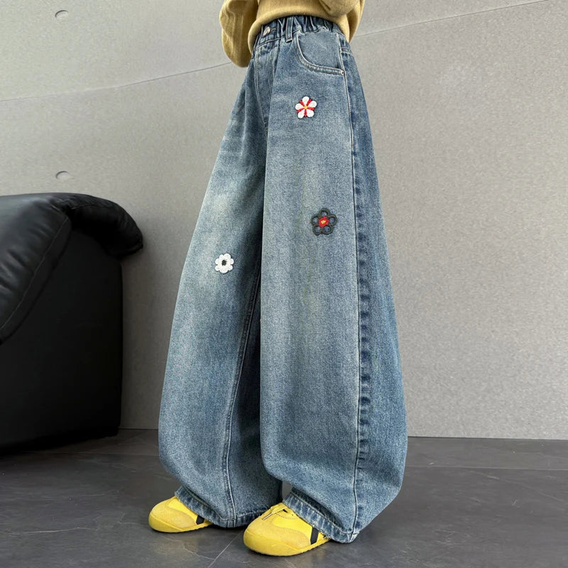 Jean Baggy pour enfants, Design à la mode, avec broderie de fleurs, pantalon en Denim décontracté à jambes larges pour adolescentes, pantalon tendance pour enfants
