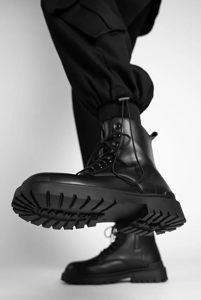 Chaussures à plateforme en cuir PU pour hommes, semelle optique haut de gamme, bottes décontractées noires, chaussures en cuir de vachette, offre rétro, design de lego