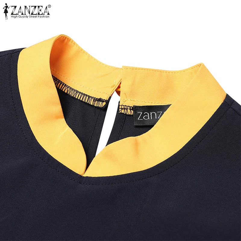 ZANZEA Muslim Women Vestidos Abaya Hijab O Neck Color Block Long Sleeve Eid Mubarak Maxi Dress Islamic Casual Robe 2025 Spring