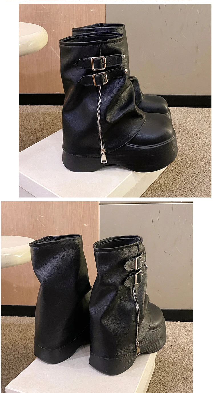 Soft Leather Ankle Mid Calf Boots Winter Autumn High Platform Wedge British Booties Woman New Ladies Chunky Motorcycle Boots 9CM