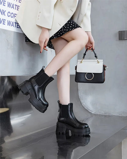 AIYUQI Women Ankle Boots Genuine Leather 9cm Heel High Boots Women Platform High Heel British Style Women Chelsea Booties
