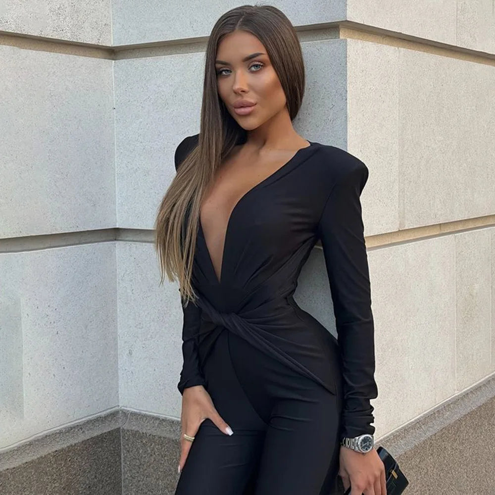 JUISSA MO Women Deep V Neck Ruched Jumpsuit Long Sleeve High Waist Playsuit Female Winter Battery Elegant Activewear Sexy