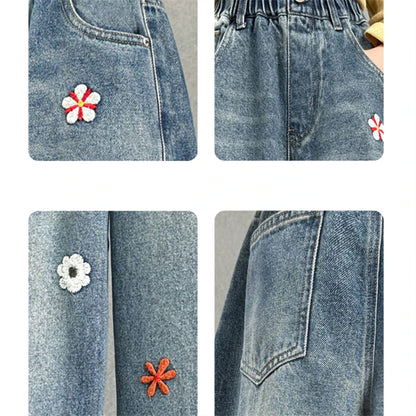 Jean Baggy pour enfants, Design à la mode, avec broderie de fleurs, pantalon en Denim décontracté à jambes larges pour adolescentes, pantalon tendance pour enfants