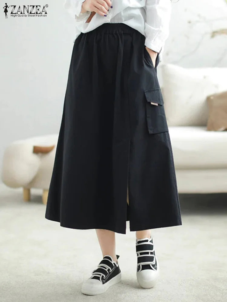 ZANZEA-Jupe Cargo adt pour Femme, Vintage, Élégante, Maxi, Bureau, Grandes Poches, Taille artificiel astique, Streetwear, Automne, 2023