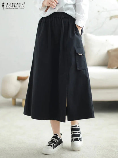 ZANZEA-Jupe Cargo adt pour Femme, Vintage, Élégante, Maxi, Bureau, Grandes Poches, Taille artificiel astique, Streetwear, Automne, 2023