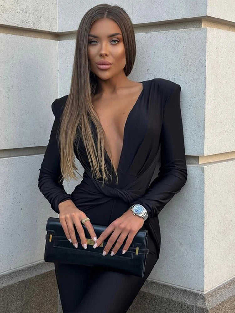 JUISSA MO Women Deep V Neck Ruched Jumpsuit Long Sleeve High Waist Playsuit Female Winter Battery Elegant Activewear Sexy