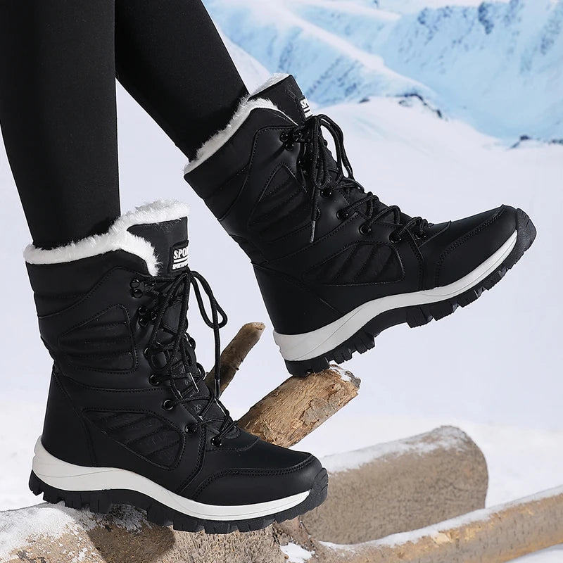 Bottes de neige à la mode pour femmes, design de couleur unie, style bout rond, couche extérieure en fibre ultra-fine, doublure en tissu, semelle en caoutchouc, t