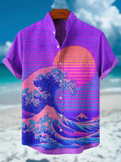 Chemise d'été en lin à manches courtes, nouvelle chemise à col montant à motif imprimé de fleurs de prunier pour hommes, haut social de mode de rue