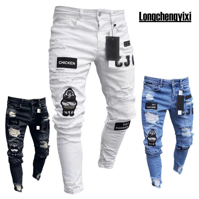 Jean déchiré hommes Stretch maigre gris bleu noir Hip Hop Denim pantalon Streetwear décontracté coupe ajustée jean pour hommes Jogging jean