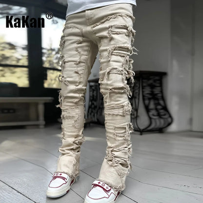 Kakan - New European and American Heavyweight Streetwise Stretch Patch Jeans for Men, High Street Straight Fit Long Jeans16-3001 - DOGOMET DIGITAL PLUS