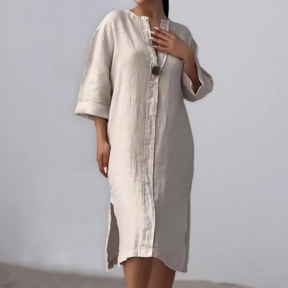 Summer Women Dress V Neck Side Split Loose Pullover Button Pure Color Long Sleeves Casual Daily Wear Midi Dress - DOGOMET DIGITAL PLUS