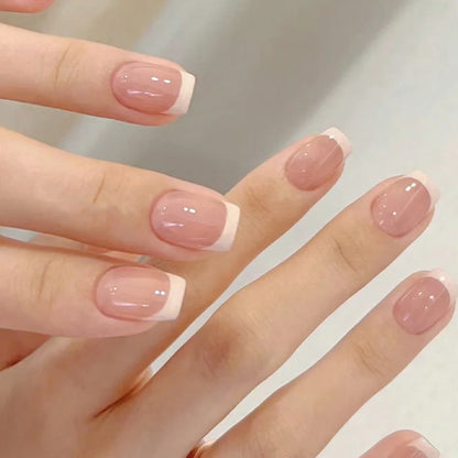 24 ongles français carrés courts à bord blanc simple + 1 colle à ongles + 1 lime à ongles