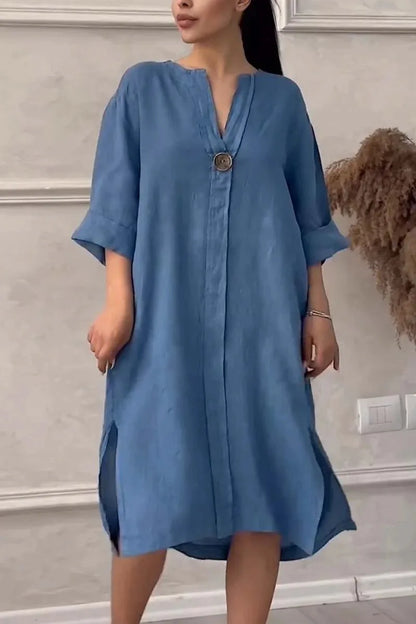 2024 Summer Fashion New Elegant Women's Cotton and Hemp Casual Long Sleeved V-neck Mid Length Commuter Style Solid Color Dress - DOGOMET DIGITAL PLUS