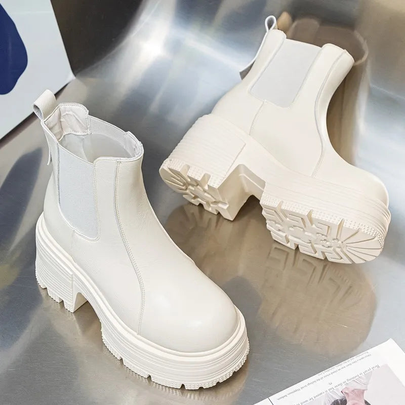 AIYUQI Women Ankle Boots Genuine Leather 9cm Heel High Boots Women Platform High Heel British Style Women Chelsea Booties