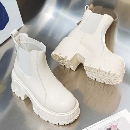 AIYUQI Women Ankle Boots Genuine Leather 9cm Heel High Boots Women Platform High Heel British Style Women Chelsea Booties