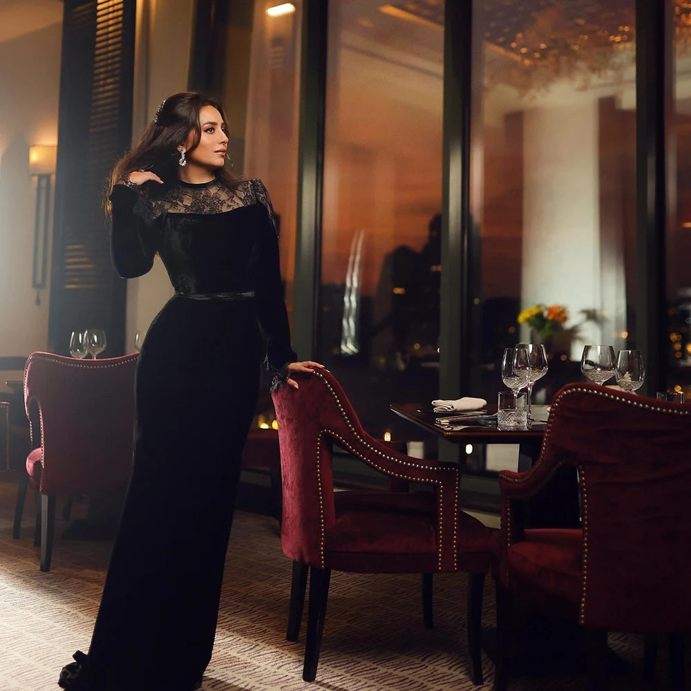 Customized Black O-neck Velour Mermaid Evening Dress ILLUSION Lace Full Sleeves Floor Length Party Prom Gown