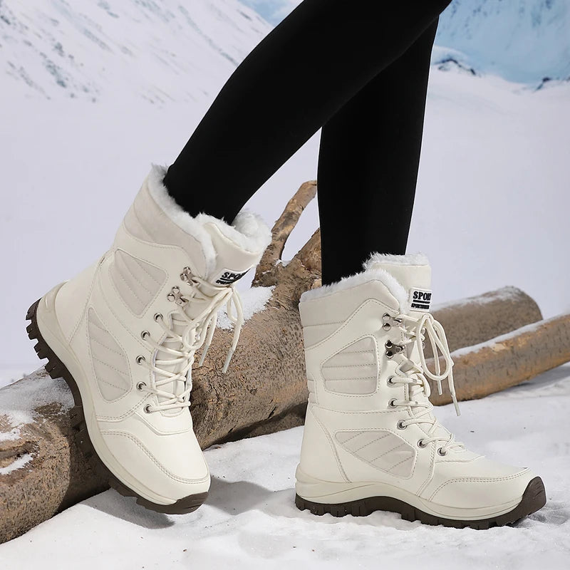 Bottes de neige à la mode pour femmes, design de couleur unie, style bout rond, couche extérieure en fibre ultra-fine, doublure en tissu, semelle en caoutchouc, t