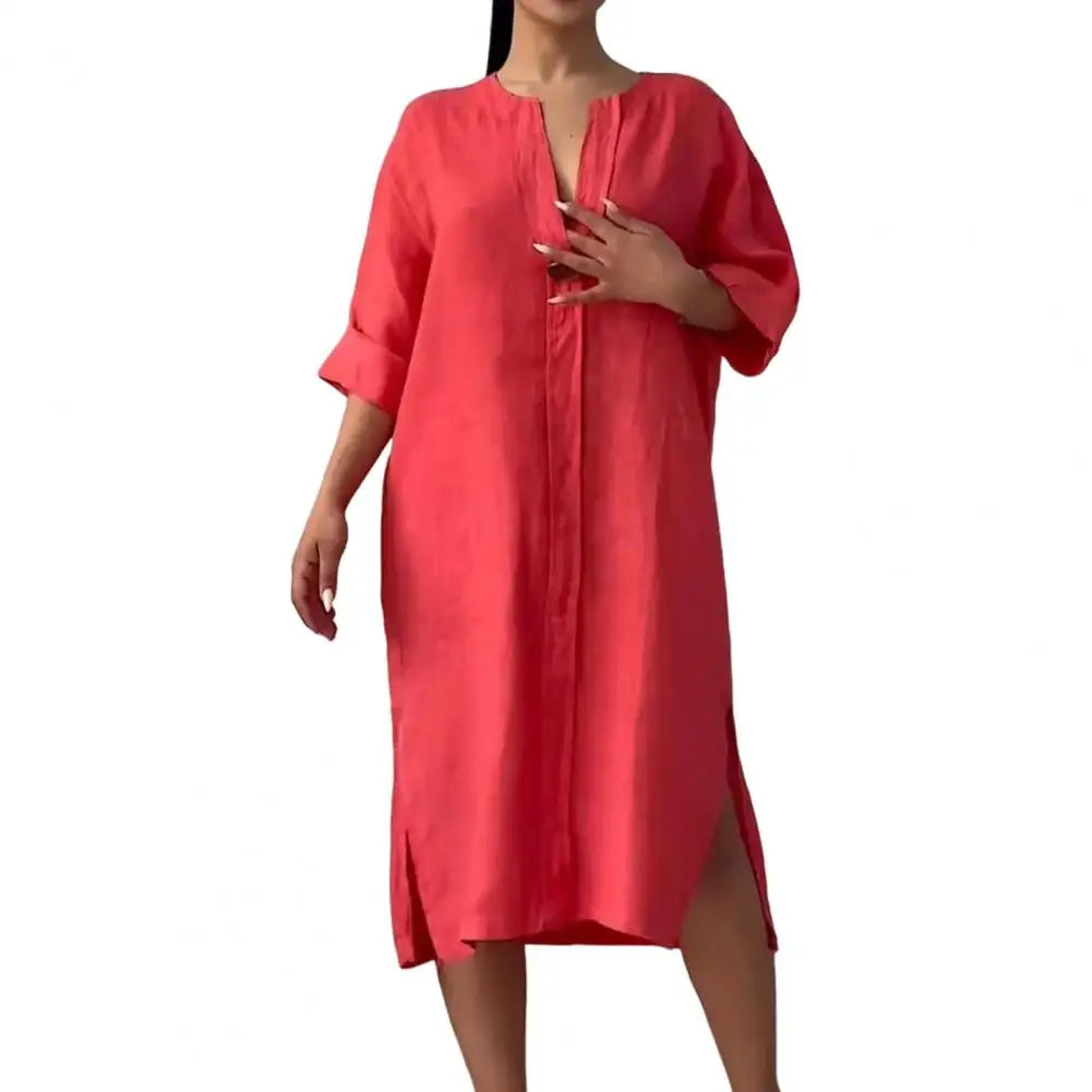 Summer Women Dress V Neck Side Split Loose Pullover Button Pure Color Long Sleeves Casual Daily Wear Midi Dress - DOGOMET DIGITAL PLUS