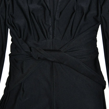 JUISSA MO Women Deep V Neck Ruched Jumpsuit Long Sleeve High Waist Playsuit Female Winter Battery Elegant Activewear Sexy
