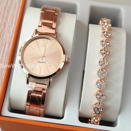 2 pièces affaires mode femmes Montre élégant doré Quartz Montre-Bracelet coeur bracelet à breloques ensemble Montre Femme Relojes Para Damas