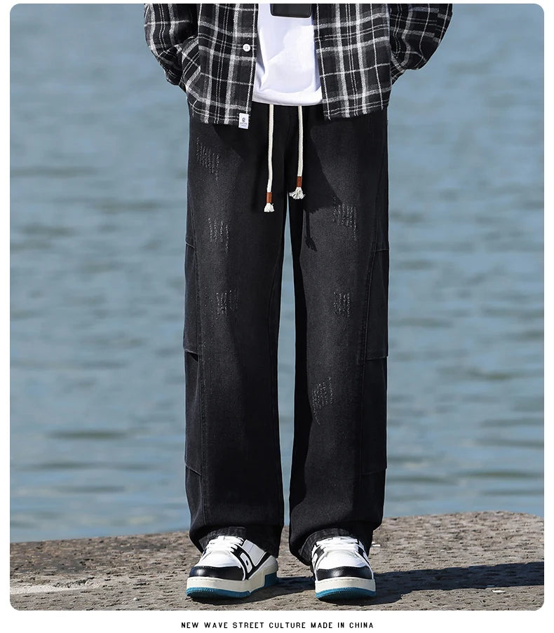 Jean pour hommes, style américain, vintage, délavé, épissage de plis, modèles de printemps et d'automne, pantalons droits amples