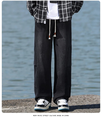 Jean pour hommes, style américain, vintage, délavé, épissage de plis, modèles de printemps et d'automne, pantalons droits amples