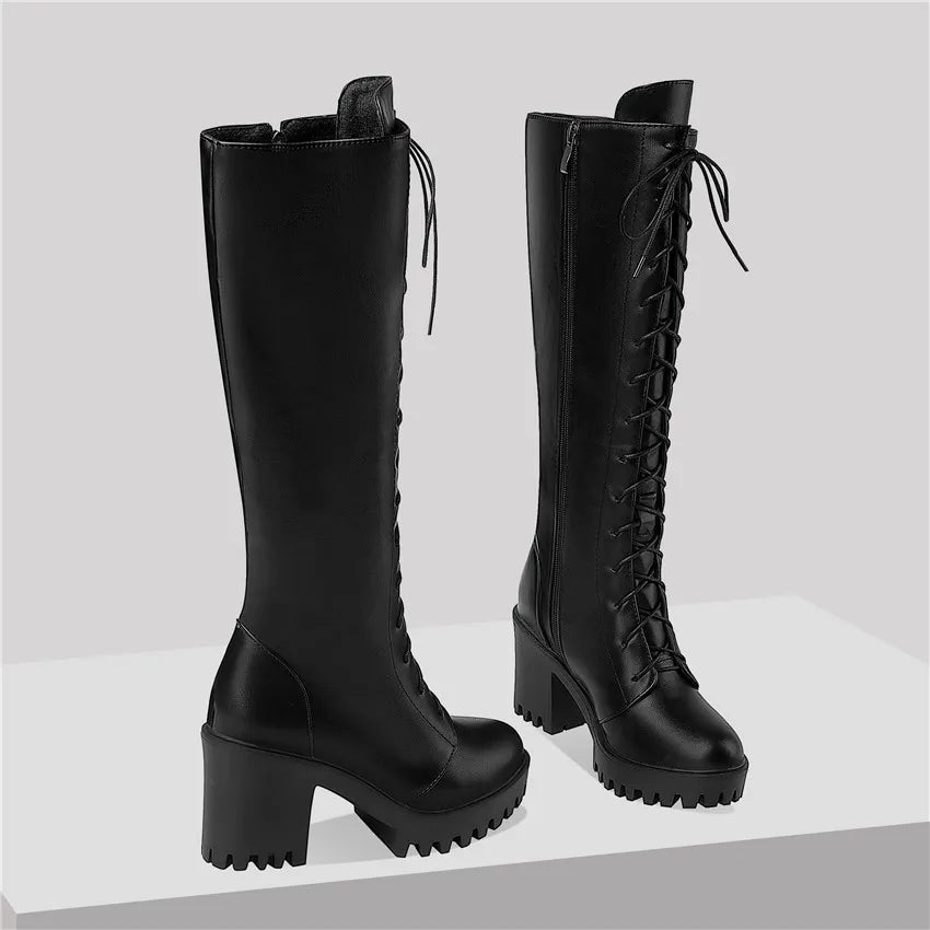Bottes hautes britanniques pour femmes, blanc et noir, robe de soirée et de bureau, bout rond, talons bloc, fermeture éclair, longues bottes à plateforme d'équitation, hiver - DOGOMET DIGITAL PLUS