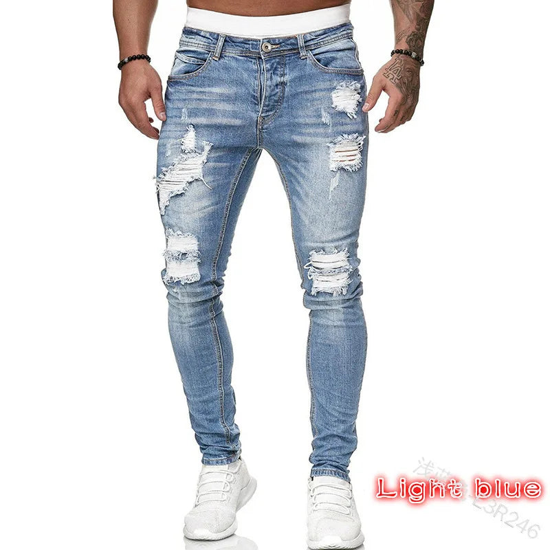 Jean déchiré hommes Stretch maigre gris bleu noir Hip Hop Denim pantalon Streetwear décontracté coupe ajustée jean pour hommes Jogging jean