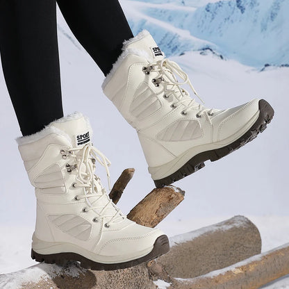 Bottes de neige à la mode pour femmes, design de couleur unie, style bout rond, couche extérieure en fibre ultra-fine, doublure en tissu, semelle en caoutchouc, t