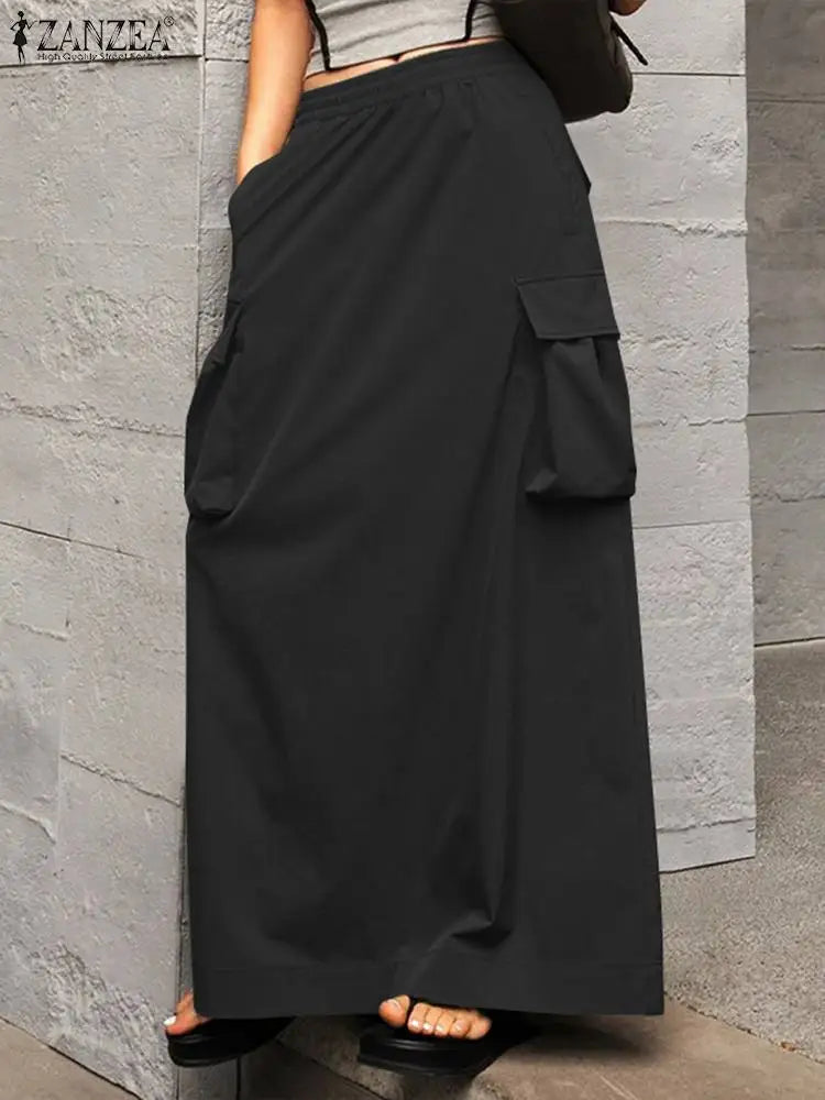 ZANZEA-Jupe Cargo adt pour Femme, Vintage, Élégante, Maxi, Bureau, Grandes Poches, Taille artificiel astique, Streetwear, Automne, 2023