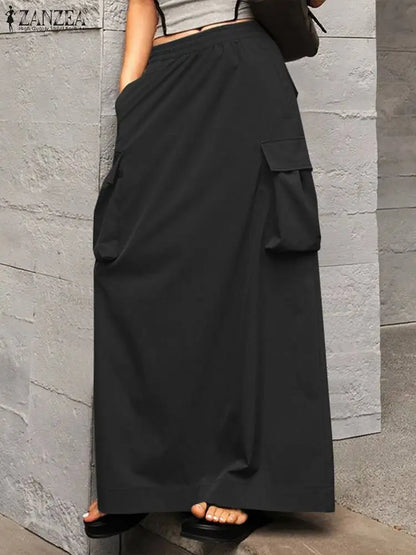 ZANZEA-Jupe Cargo adt pour Femme, Vintage, Élégante, Maxi, Bureau, Grandes Poches, Taille artificiel astique, Streetwear, Automne, 2023