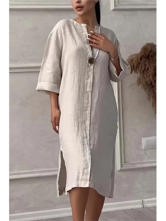 Elegant O-neck Long-sleeved Button Dress For Women Summer Cotton And Linen Solid Color Loose Casual Slit Simple Dress Female - DOGOMET DIGITAL PLUS