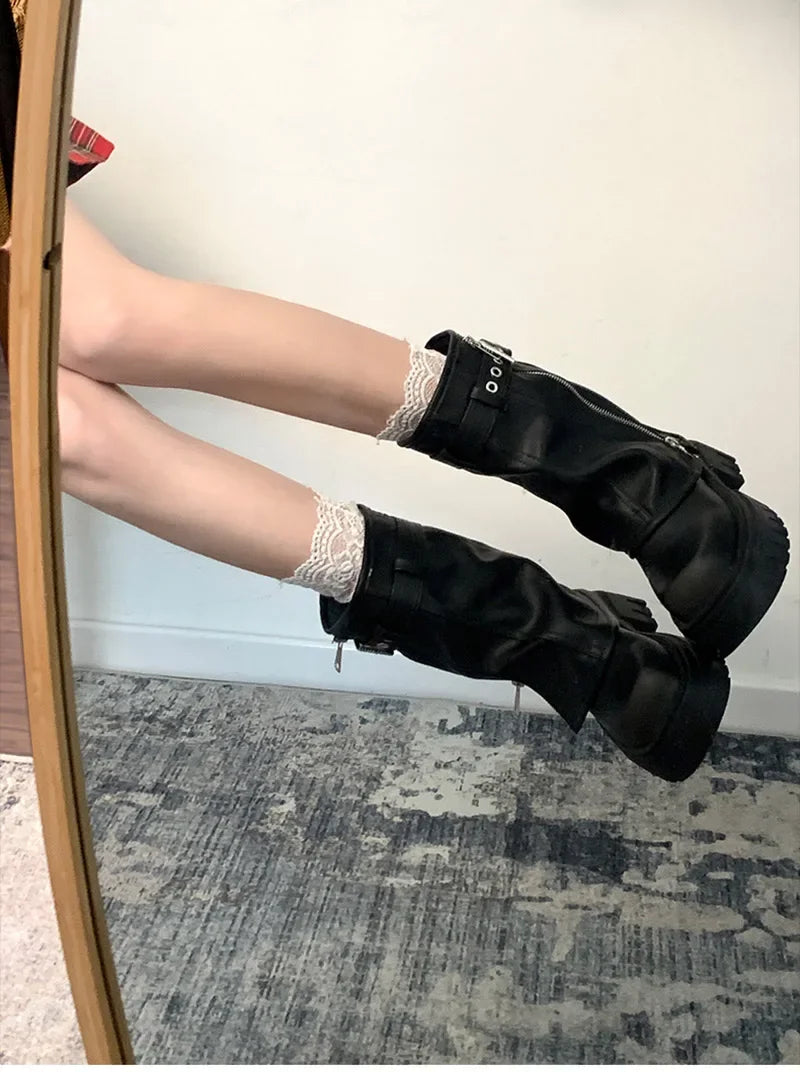 Bottines de motard avec ceinture pour femme, bottines de chevalier, plates, courtes, élégantes, décontractées, à la mode, hiver - DOGOMET DIGITAL PLUS