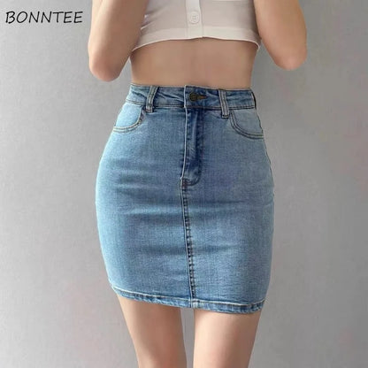 Skirts Women America Vintage High Waist Stretchy Bodycon Slim A-line Mini Sexy Denim Jupe Fashion Harajuku Simple Casual Ladies