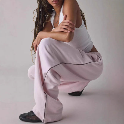 Pantalones Casuales nouveau pantalon décontracté brodé rose pour femmes pantalon droit taille élastique ample et confortable 2025 nouveau