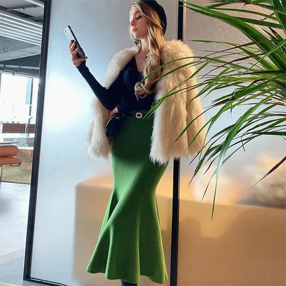 Women Black Knitted Skirt Slim High Waist Mermaid Elegant Retro Party Fashion Evening Chic Female Skirts C-067