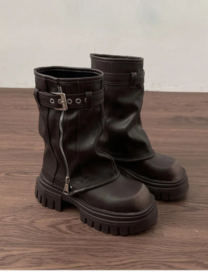 Bottines de motard avec ceinture pour femme, bottines de chevalier, plates, courtes, élégantes, décontractées, à la mode, hiver - DOGOMET DIGITAL PLUS