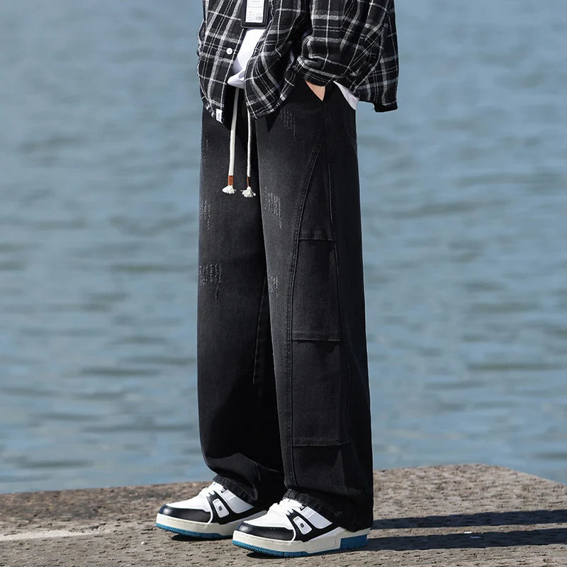 Jean pour hommes, style américain, vintage, délavé, épissage de plis, modèles de printemps et d'automne, pantalons droits amples