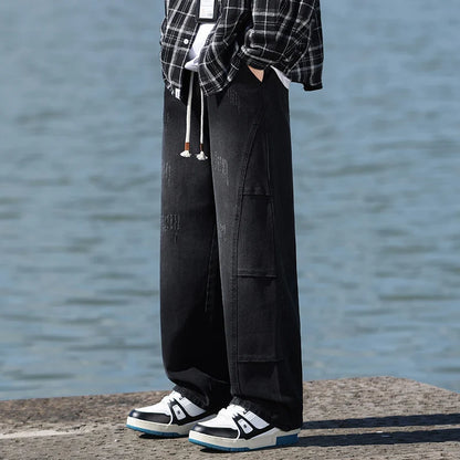 Jean pour hommes, style américain, vintage, délavé, épissage de plis, modèles de printemps et d'automne, pantalons droits amples