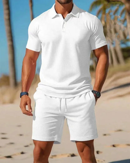 Ensemble chemise et Short à revers en maille pour hommes, décontracté, plage, été, confortable, respirant, ample, couleur unie,