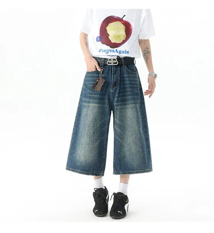 Trendy High-Waisted Wide-Leg Cropped Jeans for Men 2025 Summer Casual Stretch Denim Capri Pants Comfort Fit & Stylish Outfit 8XL