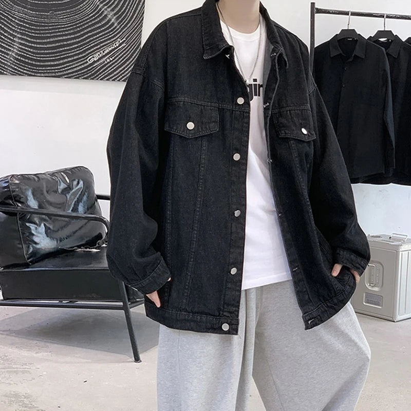 Veste en jean décontractée pour homme, veste en jean à revers solide, mode de rue, manteau d'automne bleu rétro, vestes en jean de moto en plein air, nouvelles zones