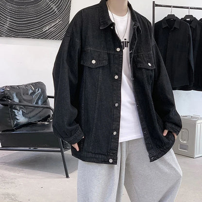 Veste en jean décontractée pour homme, veste en jean à revers solide, mode de rue, manteau d'automne bleu rétro, vestes en jean de moto en plein air, nouvelles zones