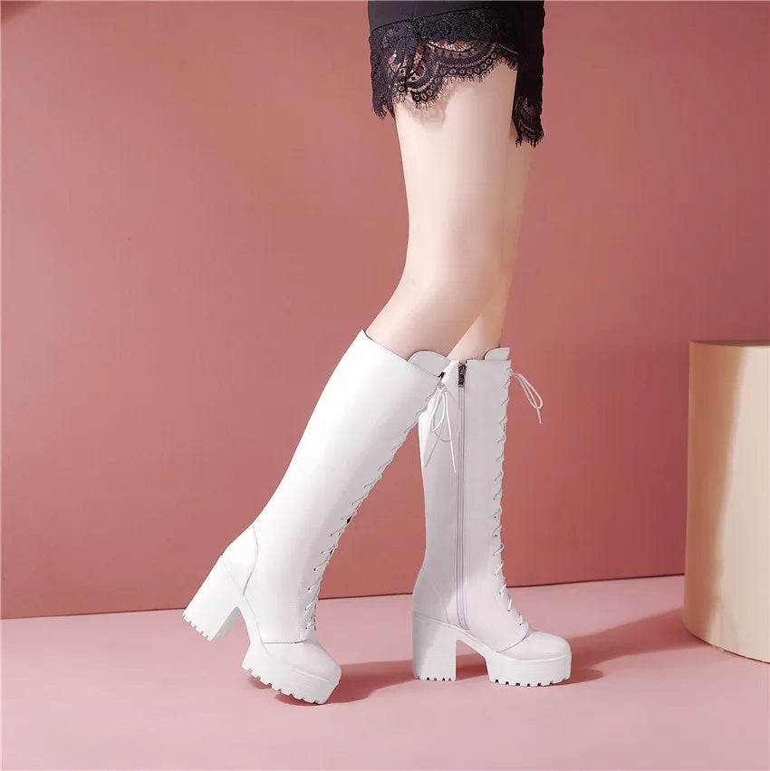 Bottes hautes britanniques pour femmes, blanc et noir, robe de soirée et de bureau, bout rond, talons bloc, fermeture éclair, longues bottes à plateforme d'équitation, hiver - DOGOMET DIGITAL PLUS