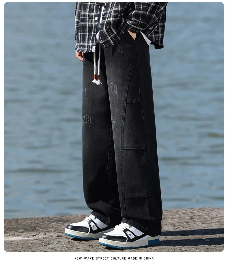 Jean pour hommes, style américain, vintage, délavé, épissage de plis, modèles de printemps et d'automne, pantalons droits amples