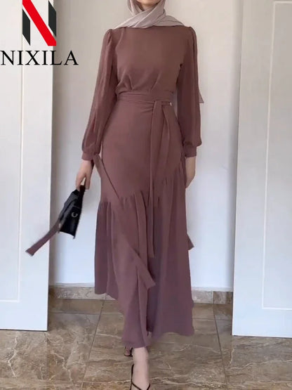 Women Eid Muslim Ensemble Two-Piece Set with Blouse And Skirt Islamic Kaftan Arab Casual Autumn Belted Ramadan Spliced Jalabiy