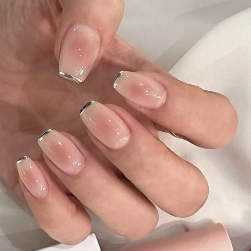 Faux ongles français en acrylique à couverture complète pour filles, faux ongles carrés courts, rose nude, nickel é simple, presse, N64.Art, N64.24 pièces