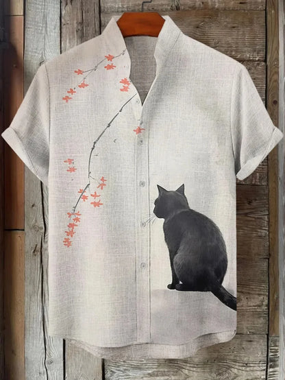 Chemise d'été en lin à manches courtes, nouvelle chemise à col montant à motif imprimé de fleurs de prunier pour hommes, haut social de mode de rue