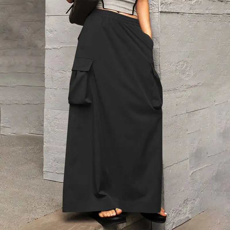 ZANZEA-Jupe Cargo adt pour Femme, Vintage, Élégante, Maxi, Bureau, Grandes Poches, Taille artificiel astique, Streetwear, Automne, 2023