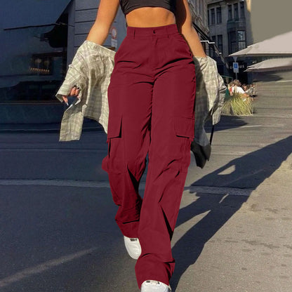 Women's Loose Cargo Pants High Waist Wide Leg Solid Color Full Length Trousers With Pockets Casual All Seasons Long Pantalones